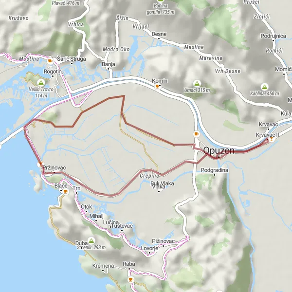 Map miniature of "Opuzen - Pržinovac Loop" cycling inspiration in Jadranska Hrvatska, Croatia. Generated by Tarmacs.app cycling route planner