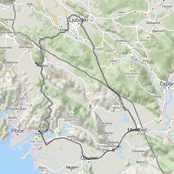 Map miniature of "Opuzen - Sestrun Loop" cycling inspiration in Jadranska Hrvatska, Croatia. Generated by Tarmacs.app cycling route planner