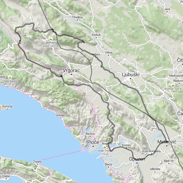 Map miniature of "Opuzen - Ravča - Podgradina Loop" cycling inspiration in Jadranska Hrvatska, Croatia. Generated by Tarmacs.app cycling route planner