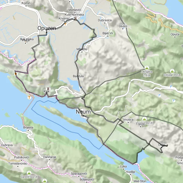 Map miniature of "Opuzen - Rajduša Loop" cycling inspiration in Jadranska Hrvatska, Croatia. Generated by Tarmacs.app cycling route planner