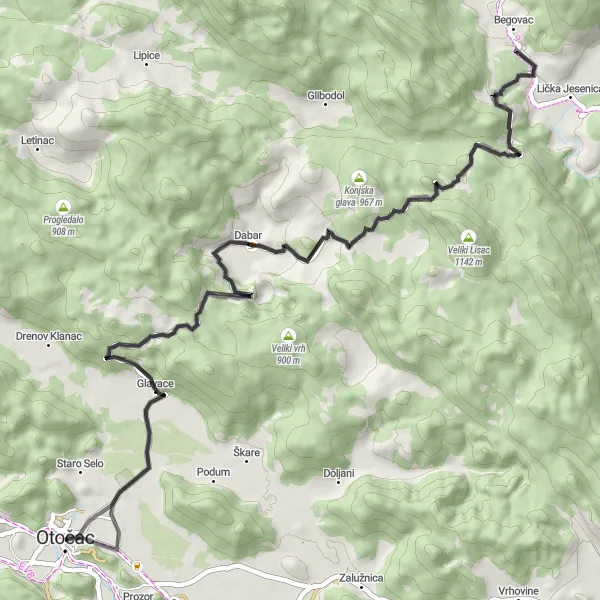 Map miniature of "Scenic Ride through Otočac" cycling inspiration in Jadranska Hrvatska, Croatia. Generated by Tarmacs.app cycling route planner