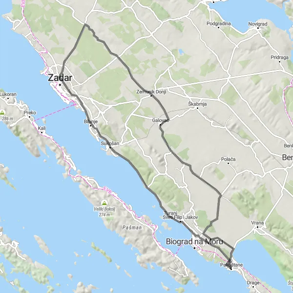 Map miniature of "Sveti Petar Riviera Road Trip" cycling inspiration in Jadranska Hrvatska, Croatia. Generated by Tarmacs.app cycling route planner