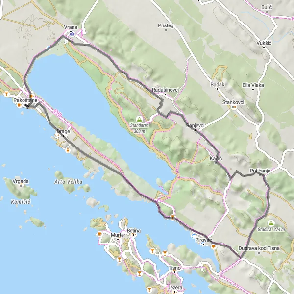 Map miniature of "Pirovac Explorer" cycling inspiration in Jadranska Hrvatska, Croatia. Generated by Tarmacs.app cycling route planner