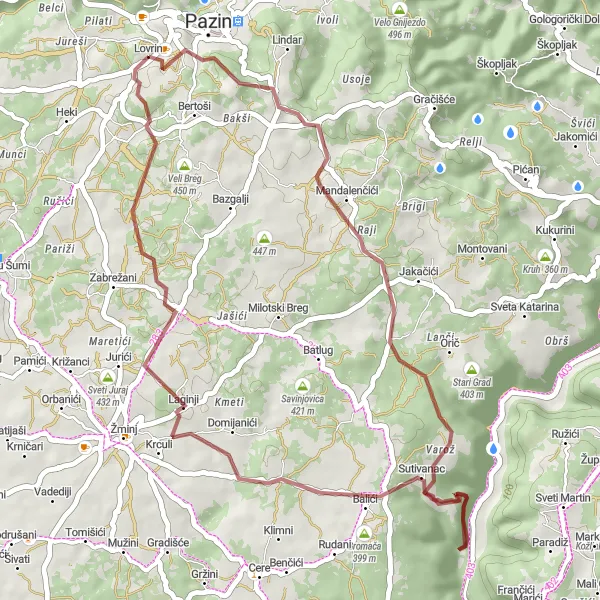 Map miniature of "Exploring Rural Landscapes" cycling inspiration in Jadranska Hrvatska, Croatia. Generated by Tarmacs.app cycling route planner