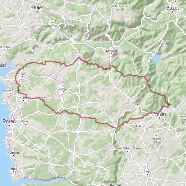 Map miniature of "Around Pazin: The Gravel Adventure" cycling inspiration in Jadranska Hrvatska, Croatia. Generated by Tarmacs.app cycling route planner