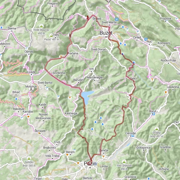 Map miniature of "Pazin Panorama: The Gravel Journey" cycling inspiration in Jadranska Hrvatska, Croatia. Generated by Tarmacs.app cycling route planner
