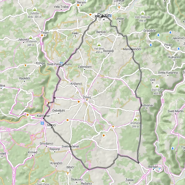 Map miniature of "Pazin Exploration" cycling inspiration in Jadranska Hrvatska, Croatia. Generated by Tarmacs.app cycling route planner