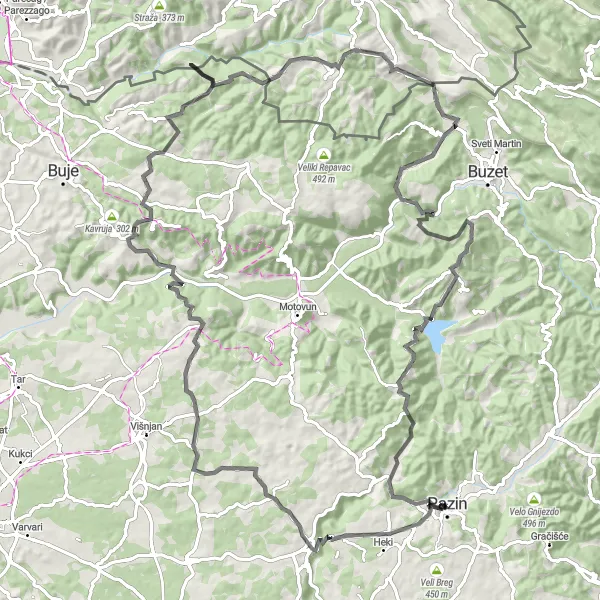Map miniature of "Discovering Pazin: The Road Expedition" cycling inspiration in Jadranska Hrvatska, Croatia. Generated by Tarmacs.app cycling route planner