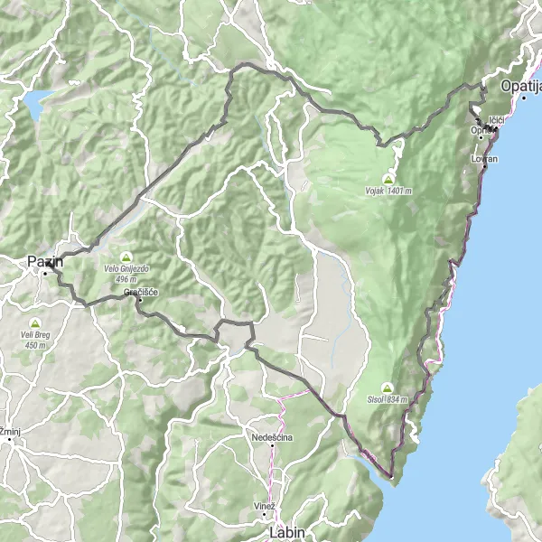 Map miniature of "Učka Loop" cycling inspiration in Jadranska Hrvatska, Croatia. Generated by Tarmacs.app cycling route planner