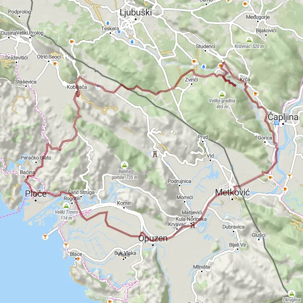 Map miniature of "Gravel Route around Ploče" cycling inspiration in Jadranska Hrvatska, Croatia. Generated by Tarmacs.app cycling route planner