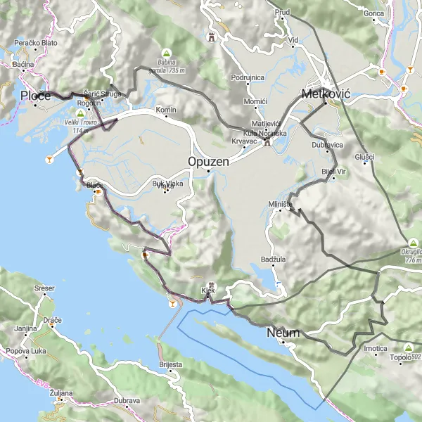 Map miniature of "Ploče - Desne Loop" cycling inspiration in Jadranska Hrvatska, Croatia. Generated by Tarmacs.app cycling route planner