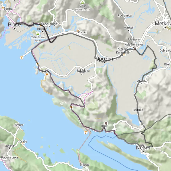 Map miniature of "Ploče - Rujište Road Loop" cycling inspiration in Jadranska Hrvatska, Croatia. Generated by Tarmacs.app cycling route planner