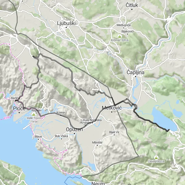 Map miniature of "Ploče - Viginja Loop" cycling inspiration in Jadranska Hrvatska, Croatia. Generated by Tarmacs.app cycling route planner