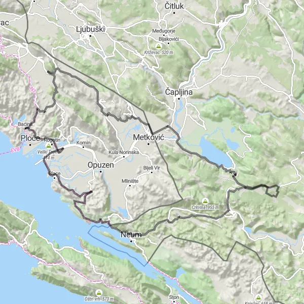 Map miniature of "Ploče - Viginja Epic Road Loop" cycling inspiration in Jadranska Hrvatska, Croatia. Generated by Tarmacs.app cycling route planner