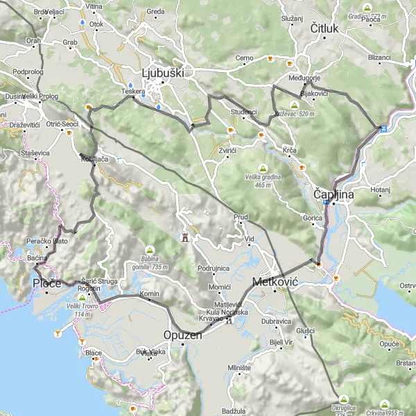 Map miniature of "Riverside Route" cycling inspiration in Jadranska Hrvatska, Croatia. Generated by Tarmacs.app cycling route planner