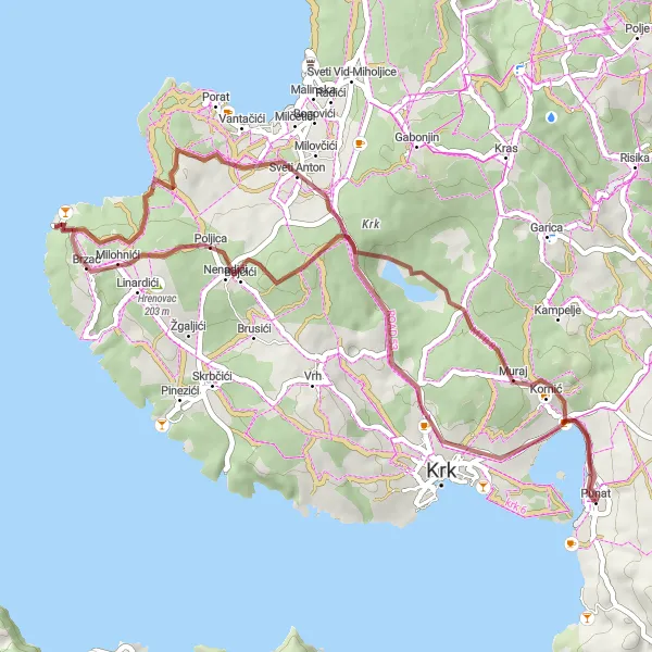 Map miniature of "Krk Island Gravel Ride" cycling inspiration in Jadranska Hrvatska, Croatia. Generated by Tarmacs.app cycling route planner