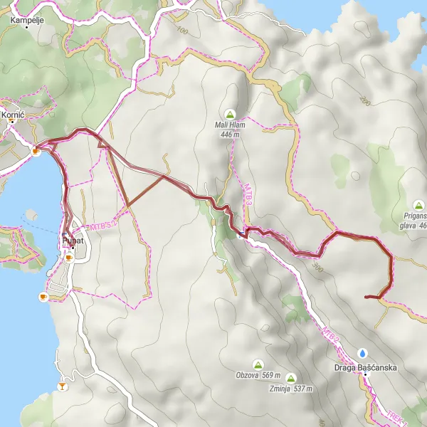 Map miniature of "Punat Gravel Adventure" cycling inspiration in Jadranska Hrvatska, Croatia. Generated by Tarmacs.app cycling route planner
