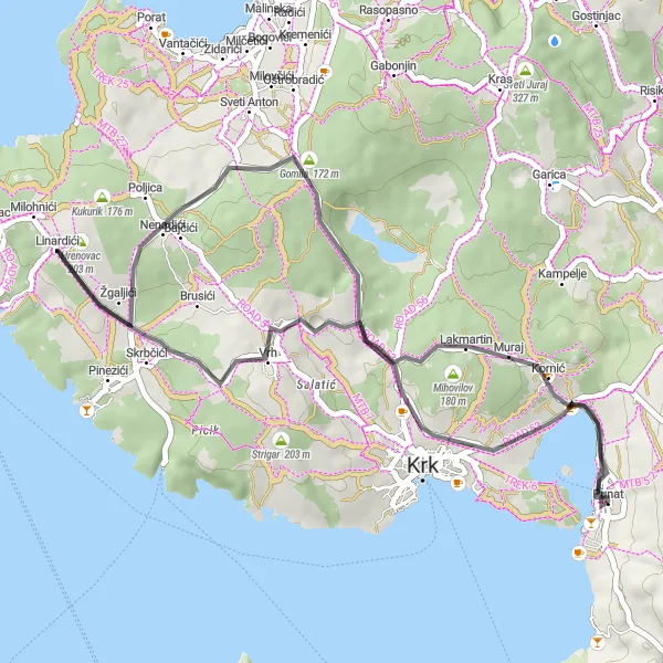 Map miniature of "Punat - Lakmartin Loop" cycling inspiration in Jadranska Hrvatska, Croatia. Generated by Tarmacs.app cycling route planner