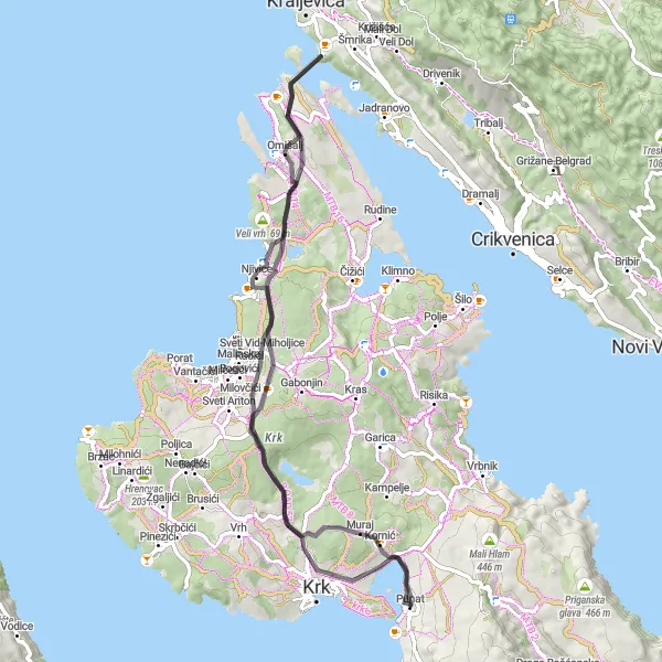 Map miniature of "Krk Mountain Challenge" cycling inspiration in Jadranska Hrvatska, Croatia. Generated by Tarmacs.app cycling route planner