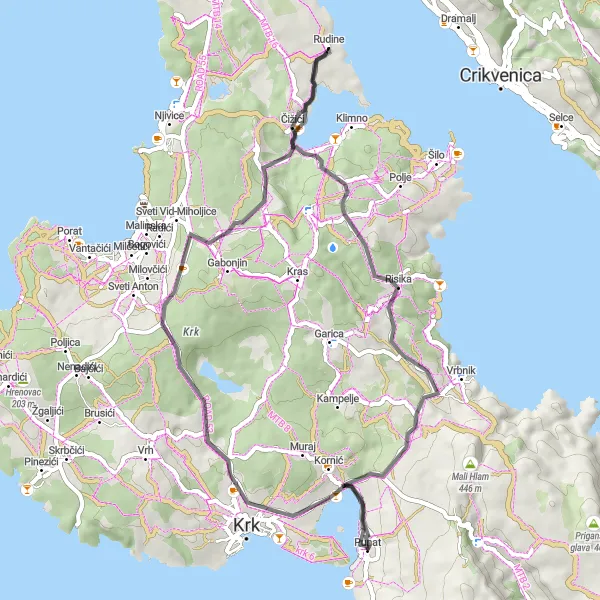 Map miniature of "Krk Coastal Loop" cycling inspiration in Jadranska Hrvatska, Croatia. Generated by Tarmacs.app cycling route planner