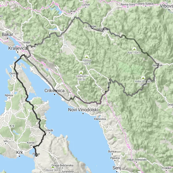 Map miniature of "Ultimate Krk Challenge" cycling inspiration in Jadranska Hrvatska, Croatia. Generated by Tarmacs.app cycling route planner