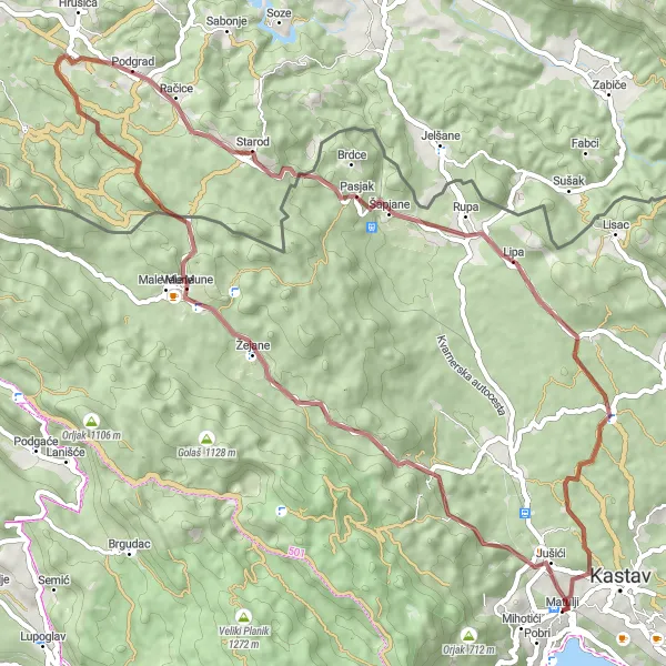 Map miniature of "Hrelic Gravel Adventure" cycling inspiration in Jadranska Hrvatska, Croatia. Generated by Tarmacs.app cycling route planner