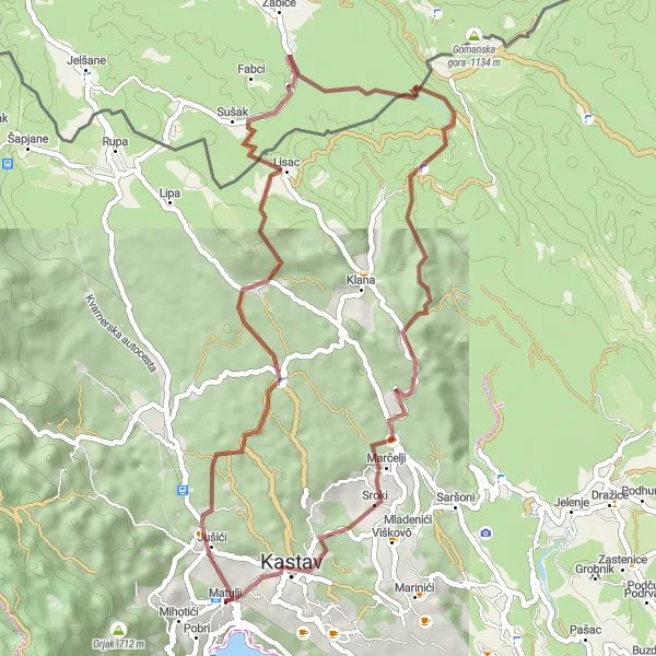 Map miniature of "Discover the Hidden Beauty of Rubeši" cycling inspiration in Jadranska Hrvatska, Croatia. Generated by Tarmacs.app cycling route planner
