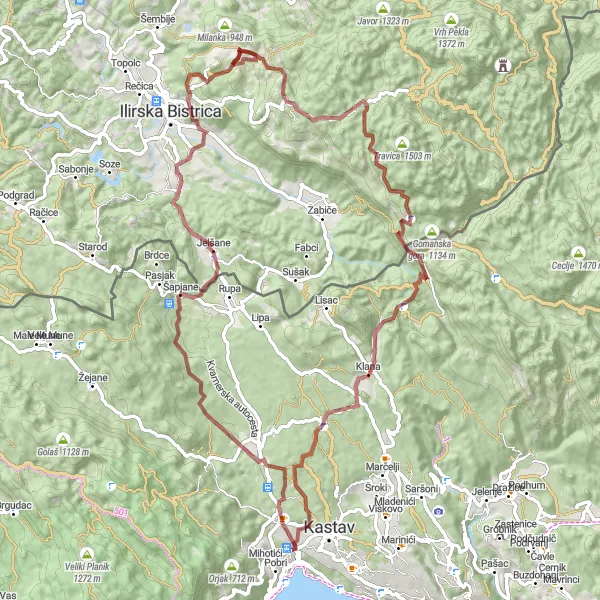 Map miniature of "Gravel Pathways and Mountain Views" cycling inspiration in Jadranska Hrvatska, Croatia. Generated by Tarmacs.app cycling route planner