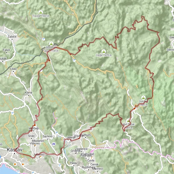 Map miniature of "Mountainous Gravel Adventure" cycling inspiration in Jadranska Hrvatska, Croatia. Generated by Tarmacs.app cycling route planner