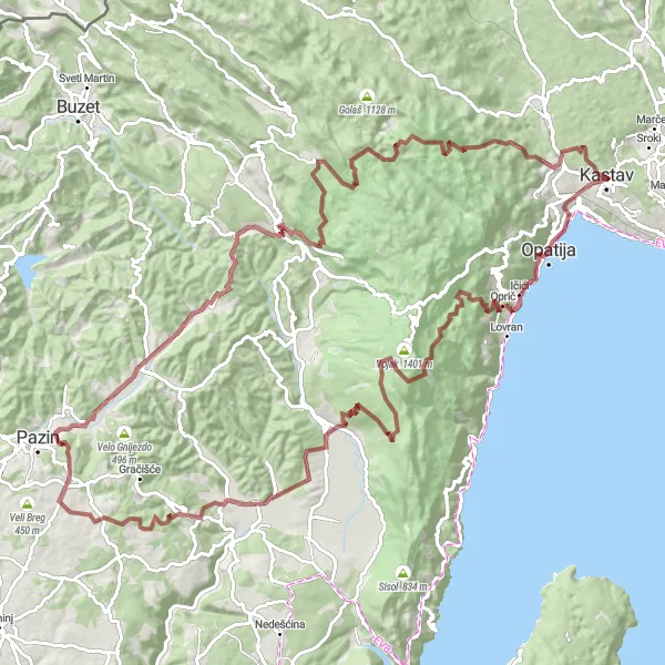 Map miniature of "Novaki Gravel Challenge" cycling inspiration in Jadranska Hrvatska, Croatia. Generated by Tarmacs.app cycling route planner