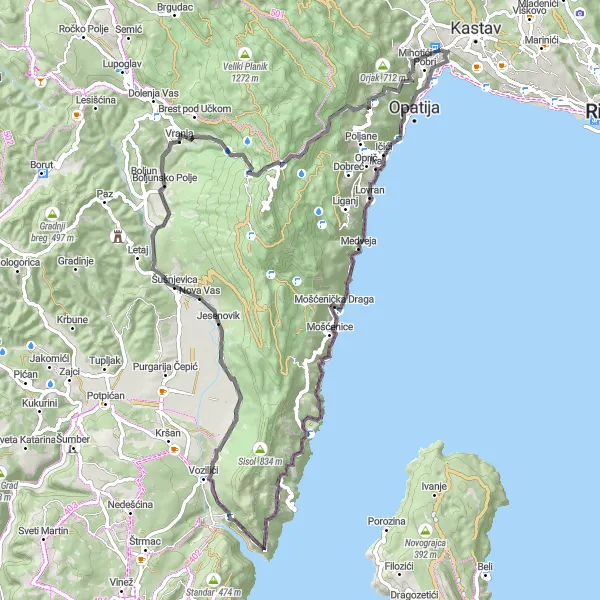 Map miniature of "Classic Road Cycling Adventure" cycling inspiration in Jadranska Hrvatska, Croatia. Generated by Tarmacs.app cycling route planner