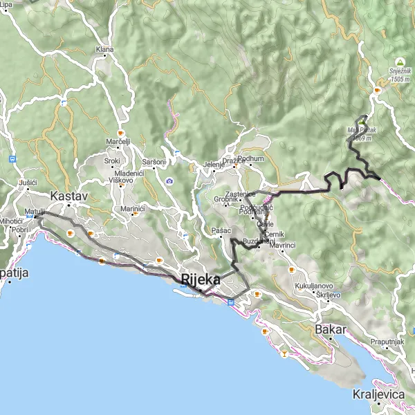 Map miniature of "Matulji Circuit" cycling inspiration in Jadranska Hrvatska, Croatia. Generated by Tarmacs.app cycling route planner