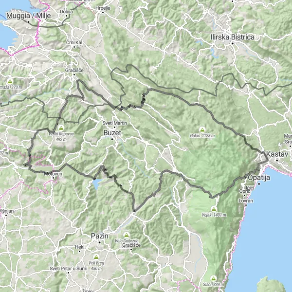 Map miniature of "Ucka Loop" cycling inspiration in Jadranska Hrvatska, Croatia. Generated by Tarmacs.app cycling route planner