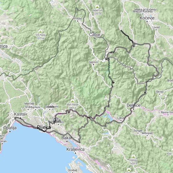 Map miniature of "Jelenje Loop" cycling inspiration in Jadranska Hrvatska, Croatia. Generated by Tarmacs.app cycling route planner