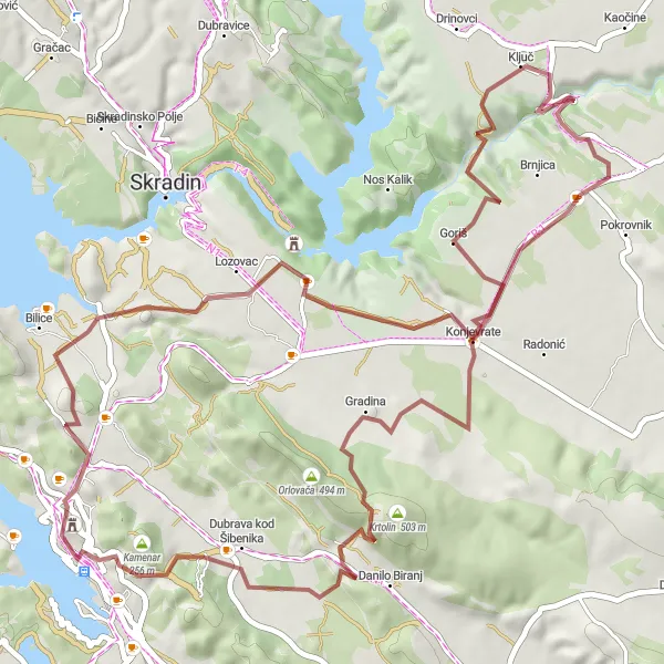 Map miniature of "Gravel Adventure Around Šibenik" cycling inspiration in Jadranska Hrvatska, Croatia. Generated by Tarmacs.app cycling route planner