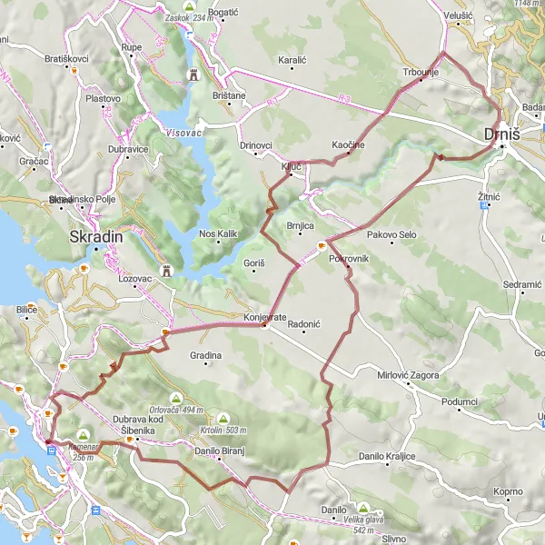 Map miniature of "Šibenik Gravel Nature Ride" cycling inspiration in Jadranska Hrvatska, Croatia. Generated by Tarmacs.app cycling route planner