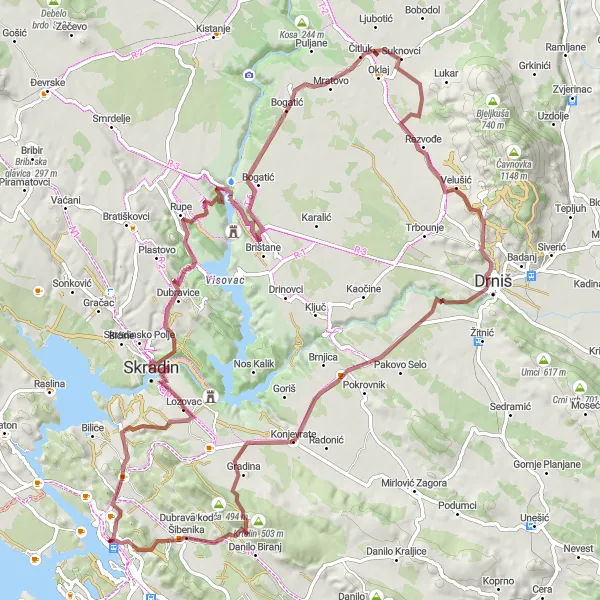 Map miniature of "Šibenik Gravel Odyssey" cycling inspiration in Jadranska Hrvatska, Croatia. Generated by Tarmacs.app cycling route planner