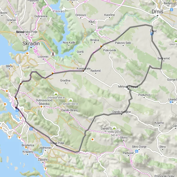 Map miniature of "Šibenik Road Serenity" cycling inspiration in Jadranska Hrvatska, Croatia. Generated by Tarmacs.app cycling route planner
