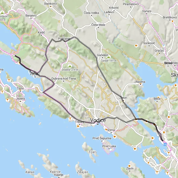 Map miniature of "Road Cycling Adventure near Šibenik" cycling inspiration in Jadranska Hrvatska, Croatia. Generated by Tarmacs.app cycling route planner