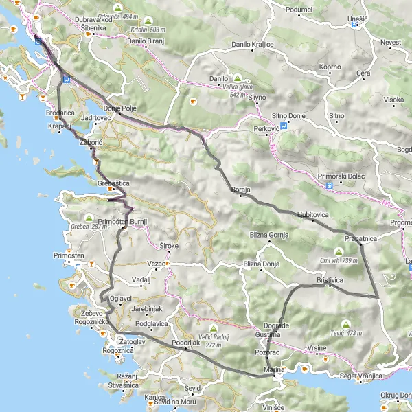 Map miniature of "The Coastal Circuit" cycling inspiration in Jadranska Hrvatska, Croatia. Generated by Tarmacs.app cycling route planner