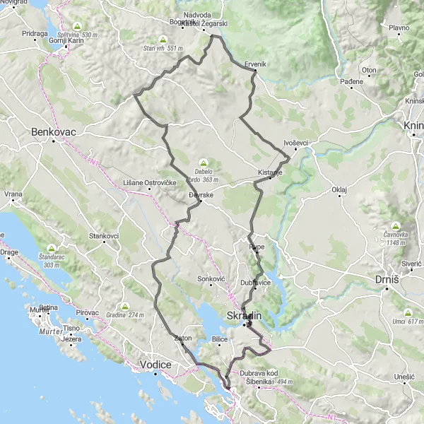Map miniature of "Challenging Mountain Stage" cycling inspiration in Jadranska Hrvatska, Croatia. Generated by Tarmacs.app cycling route planner
