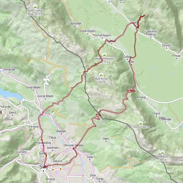 Map miniature of "Sinj Gravel Exploration" cycling inspiration in Jadranska Hrvatska, Croatia. Generated by Tarmacs.app cycling route planner