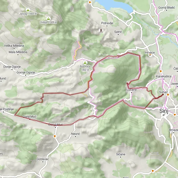 Map miniature of "Sinj Gravel Adventure" cycling inspiration in Jadranska Hrvatska, Croatia. Generated by Tarmacs.app cycling route planner