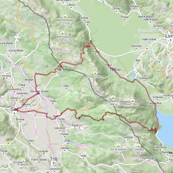 Map miniature of "Sinj Gravel Adventure to Paulus" cycling inspiration in Jadranska Hrvatska, Croatia. Generated by Tarmacs.app cycling route planner