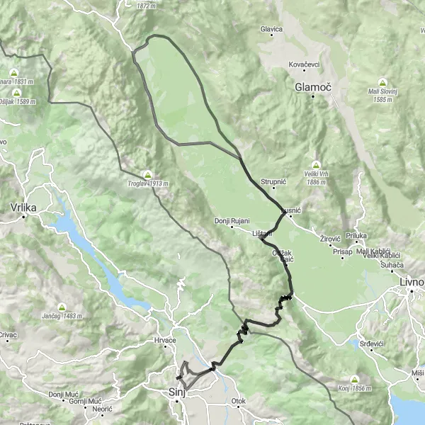 Map miniature of "Sinj Bakračica Loop" cycling inspiration in Jadranska Hrvatska, Croatia. Generated by Tarmacs.app cycling route planner
