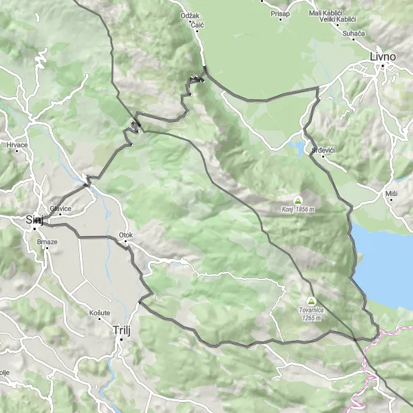 Map miniature of "Sinj Bakračica Road Cycling Route" cycling inspiration in Jadranska Hrvatska, Croatia. Generated by Tarmacs.app cycling route planner