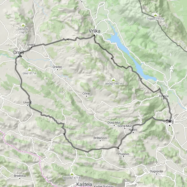 Map miniature of "Sinj Heritage Ride" cycling inspiration in Jadranska Hrvatska, Croatia. Generated by Tarmacs.app cycling route planner