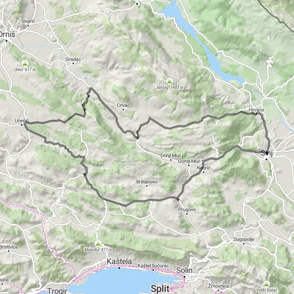 Map miniature of "Sinj Kapina Challenge Road Cycling Route" cycling inspiration in Jadranska Hrvatska, Croatia. Generated by Tarmacs.app cycling route planner