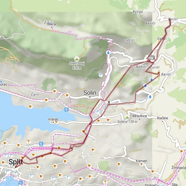 Map miniature of "Scenic Gravel Ride around Split" cycling inspiration in Jadranska Hrvatska, Croatia. Generated by Tarmacs.app cycling route planner