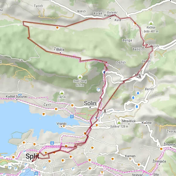 Map miniature of "Scenic Gravel Ride to Klis" cycling inspiration in Jadranska Hrvatska, Croatia. Generated by Tarmacs.app cycling route planner